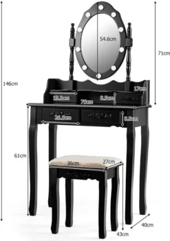COSTWAY Schminktisch Mit Hocker, 360° Drehbarem Spiegel Und 10 Dimmbaren LED-Birnen, Frisiertisch Aus Tisch Und Abnehmbarer Oberteil, Kosmetiktisch Mit 4 Schubladen, 75 X 40 X 146 Cm (Schwarz) -Vidaxlko Verkaufe 004ed682721932355736f92aecd4ede9