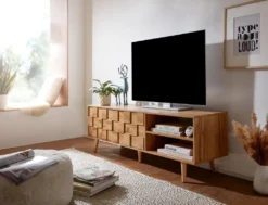 WOHNLING Lowboard Holz Eiche-Dekor 160x51x40 Cm TV-Kommode Mit Zwei Türen | Design TV-Schrank Hoch | Fernsehtisch Fernsehschrank Modern | Fernsehkommode Wohnzimmer