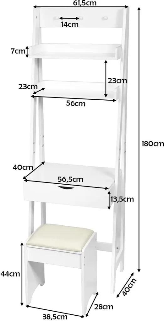 COSTWAY Schminktisch Mit Klappspiegel, Make-up Tisch Leiterregal, Frisiertisch Set Mit Hocker, Frisierkommode Mit Haken Und Ablagefaechern, Schreibtisch Weiss 5 COSTWAY Schminktisch Mit Klappspiegel, Make-up Tisch Leiterregal, Frisiertisch Set Mit Hocker, Frisierkommode Mit Haken Und Ablagefaechern, Schreibtisch Weiss – Bild 5