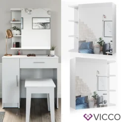 Vicco Schminktisch + Spiegelschrank + Hocker Fynnia Weiß 80,2 X 74 X 44,3 Cm Holzwerkstoff