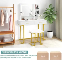 COSTWAY Schminktisch Mit LED Beleuchtung, Großem Spiegel, 2 Schubladen & Regalen, Frisiertisch Mit Gepolstertem Hocker, Kosmetiktisch Für Schlafzimmer, Weiß+Gold -Vidaxlko Verkaufe 037ff4c26970de7ee90efba86832d07c