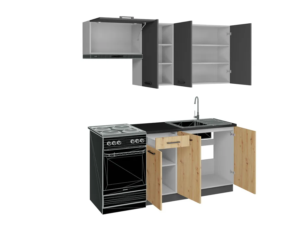 Mirjan24 Küche Clara 180, Küchenzeile, Küche-Set, Küchenmöbel (Asche / Artisan + Graues Graphit + Schwarzer, Ohne Beleuchtung) 3 Mirjan24 Küche Clara 180, Küchenzeile, Küche-Set, Küchenmöbel (Asche / Artisan + Graues Graphit + Schwarzer, Ohne Beleuchtung) – Bild 3