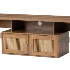 Merax TV-Lowboard Hochglanz TV Schrank Mit LED-Beleuchtung Inkl. Fernbedienung, Rattan TV-Schrank Mit Glasablage Und Rattan Einsatz, TV-Board Aus Holz, B/H/T:150/38/39cm, Holzfarbe -Vidaxlko Verkaufe 052d0fcb4f97d869f19fb5b1875209af