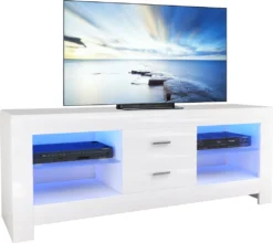 Iropro TV Schrank Board Lowboard Fernsehtisch Mit LED Beleuchtung Weiß Hochglanz Mit Schubladen, 130x50x35 Cm