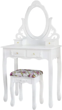 Meerveil Schminktisch Mit Spiegel Und Hocker, Frisierkommode, Aushöhlen Geschnitzter, Frisiertisch Mit 4 Schubladen, Rutschfeste Aufkleber, Weiß