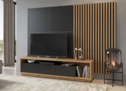 Wohnzimmer Set CELINE Lowboard Mit Wandpaneel Und 2 Lamellenwänden Wotan Eiche Schwarz