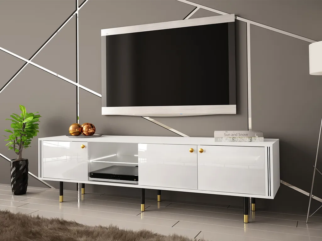 Mirjan24 TV-Lowboard Crystal RTV 180 03 Mit LED-Beleuchtung, TV-Tisch Mit 3 Türen, Metallfüße, Runde Gold Griffe (Farbe: Weiß / Weiß Hochglanz) 6 Mirjan24 TV-Lowboard Crystal RTV 180 03 Mit LED-Beleuchtung, TV-Tisch Mit 3 Türen, Metallfüße, Runde Gold Griffe (Farbe: Weiß / Weiß Hochglanz) – Bild 6