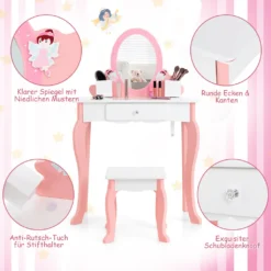 COSTWAY Kinder-Schminktisch Mit Hocker, 2-in-1-Kinder-Schminktisch-Set Aus Holz Mit Spiegel, Schublade & Stifthalter, Make-Up-Tisch Für Kinder Im Alter Von 3-7 Jahren (Weiß) -Vidaxlko Verkaufe 0ea1d7a92a17f5469ba1f526f21ab138