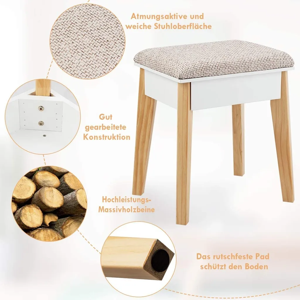 COSTWAY Schminktisch Mit Gepolstertem Hocker, Frisiertisch Set Mit Kiefernbeinen, Make-up Tisch Mit 3 Schubladen, Frisierkommode Weiß, Kosmetiktisch Mit Einstellbarem Spiegel 3 COSTWAY Schminktisch Mit Gepolstertem Hocker, Frisiertisch Set Mit Kiefernbeinen, Make-up Tisch Mit 3 Schubladen, Frisierkommode Weiß, Kosmetiktisch Mit Einstellbarem Spiegel – Bild 3