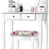 COSTWAY Schminktisch Set Mit Hocker, Kosmetiktisch Mit Um 360° Drehbarem & Abnehmbarem Spiegel, Frisiertisch Schminkkommode Mit Mit 4 Schubladen & 2 Regalen (Weiß)