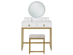 Schminktisch Weiß Und Gold MDF-Platte Mit Metallbeinen Rundem LED-Spiegel 4 Schubladen Hocker Glamour Für Erwachsene Schlafzimmer Jugendzimmer -Vidaxlko Verkaufe 116aa357a0649e91b93a236de521f61c
