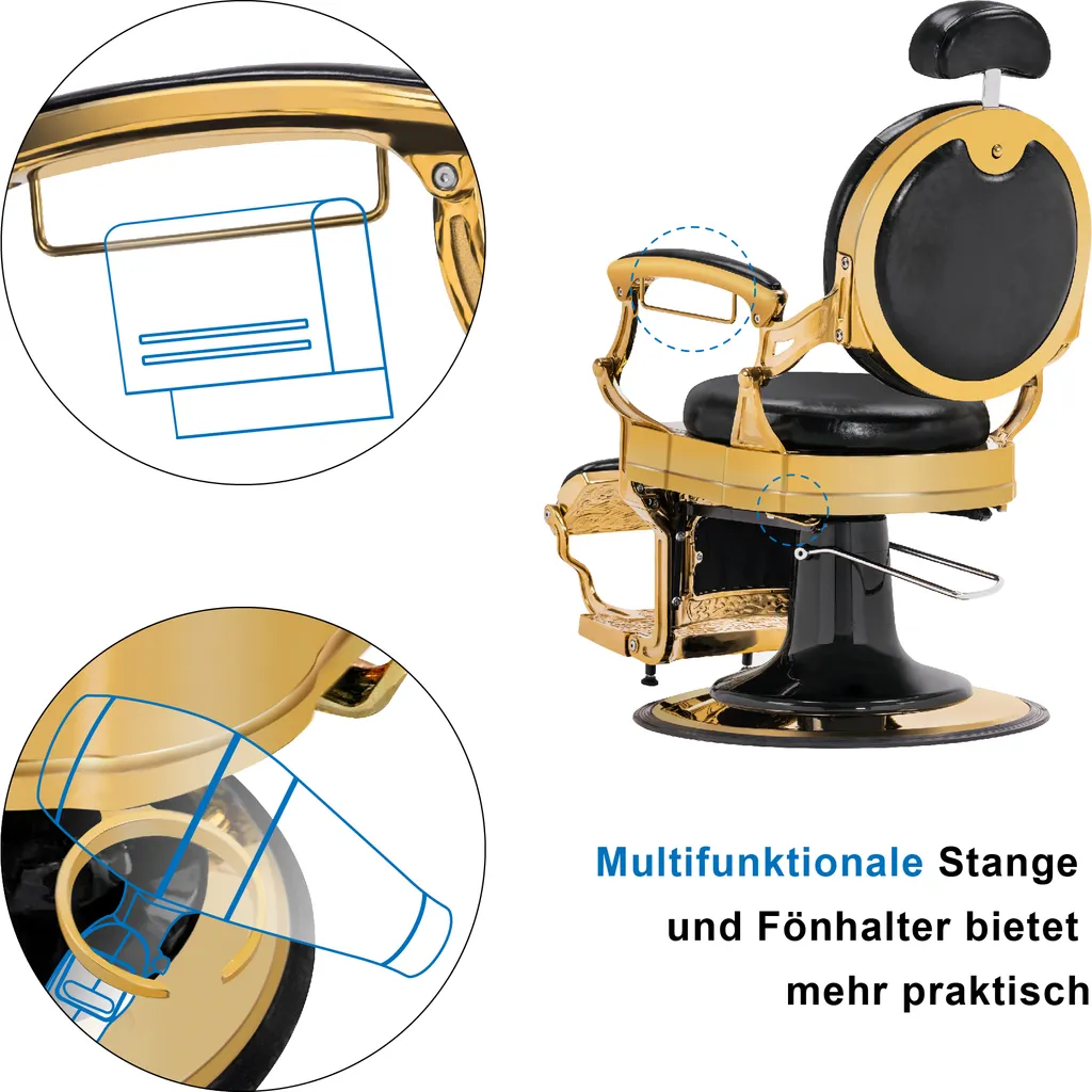 Barberpub Friseurstuhl Hydraulische Friseursessel 2933 GD, Mit Retro/ Vintage Stil, 360° Drehbar, Kunstleder, Goldrahmen , 109 × 68 × 113 Cm (Schwarz-Gold) 4 Barberpub Friseurstuhl Hydraulische Friseursessel 2933 GD, Mit Retro/ Vintage Stil, 360° Drehbar, Kunstleder, Goldrahmen , 109 × 68 × 113 Cm (Schwarz-Gold) – Bild 4
