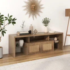 Merax TV-Lowboard Hochglanz TV Schrank Mit LED-Beleuchtung Inkl. Fernbedienung, Rattan TV-Schrank Mit Glasablage Und Rattan Einsatz, TV-Board Aus Holz, B/H/T:150/38/39cm, Holzfarbe -Vidaxlko Verkaufe 16576abb8ab17e764c4f7ba951edeeef