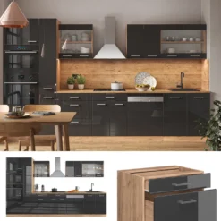 Vicco Küchenzeile R-Line Goldkraft Anthrazit Hochglanz 350 Cm Holzwerkstoff