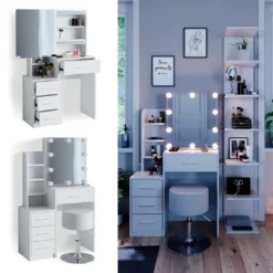 Vicco Schminktisch Frisiertisch Schminkkommode Conrada LED-Beleuchtung + Hocker