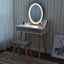 Puluomis Schminktisch Mit LED Beleuchtung Spiegel, Kosmetiktisch Frisiertisch Mit Gepolstertem Hocker Und 2 Schubladen, 3 Beleuchtungmodi, Oval Weiß Grau -Vidaxlko Verkaufe 1ae6d7834f327c1c8e6c8bc5b508caed