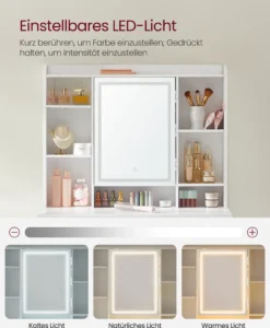 VASAGLE Schminktisch Mit LED-Beleuchtung, 3 Farben Mit Einstellbarer Helligkeit, Frisiertisch Mit Spiegel Für Make-up, Kosmetiktisch Mit Verstellbaren Ablagen, 2 Schubladen, Modern, Weiß RDT123T14 -Vidaxlko Verkaufe 1b8a899b95535567169b63050897038f