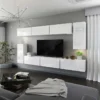 Grekpol- Wohnwand,Anbauwand, TV-Lowboard, Hängeschränke, Wandboard, Fernsehschrank, Wohnzimmerschran -WIKA 3 (Weiß Glanz, Mit LED Beleuchtung)