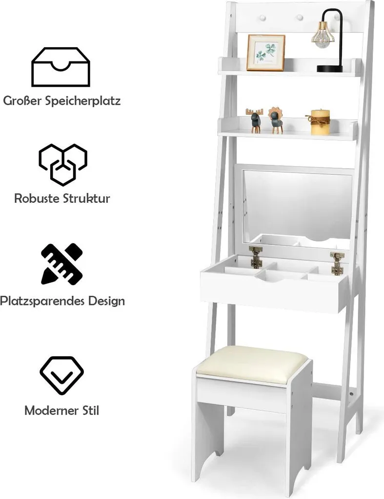 COSTWAY Schminktisch Mit Klappspiegel, Make-up Tisch Leiterregal, Frisiertisch Set Mit Hocker, Frisierkommode Mit Haken Und Ablagefaechern, Schreibtisch Weiss 4 COSTWAY Schminktisch Mit Klappspiegel, Make-up Tisch Leiterregal, Frisiertisch Set Mit Hocker, Frisierkommode Mit Haken Und Ablagefaechern, Schreibtisch Weiss – Bild 4