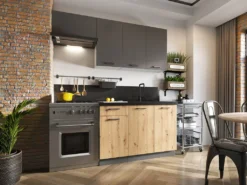 Mirjan24 Küche Clara 180, Küchenzeile, Küche-Set, Küchenmöbel (Asche / Artisan + Graues Graphit + Schwarzer, Ohne Beleuchtung)