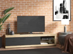TV-Lowboard Unterschrank HiFi Element Fernsehtisch Wohnzimmer Schrank "Ruma II" Artisan Eiche/Schwarz Matt