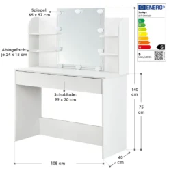 Juskys Schminktisch Bella Mit LED Beleuchtung, Spiegel, Schublade & 4 Ablagefächern - 108 X 40 X 140 Cm - Holz - Weiß - Kosmetiktisch Frisiertisch -Vidaxlko Verkaufe 1ed67ed669dc38bcaf0d91c19b1a5557