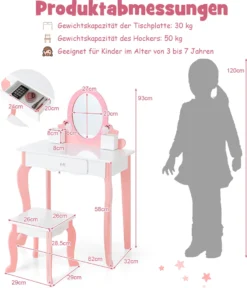 COSTWAY Kinder-Schminktisch Mit Hocker, 2-in-1-Kinder-Schminktisch-Set Aus Holz Mit Spiegel, Schublade & Stifthalter, Make-Up-Tisch Für Kinder Im Alter Von 3-7 Jahren (Weiß) -Vidaxlko Verkaufe 23648b0f46f0e038bddd7da9361716e5