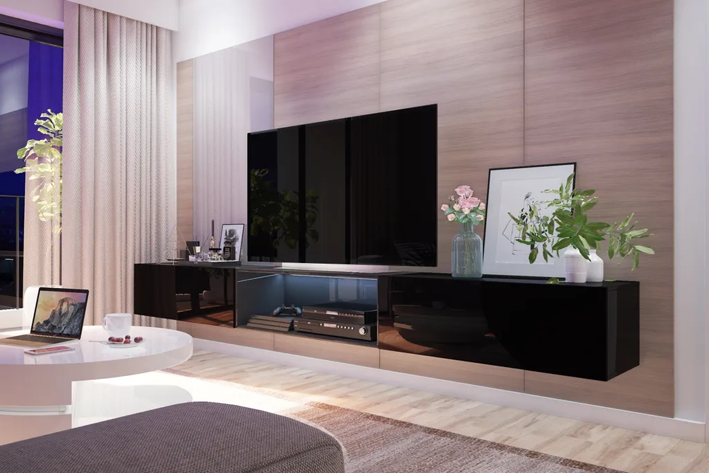 Selsey - TV-Lowboard / TV-Hängeboard LARKA 300 Cm Mit LED - Beleuchtung, In Schwarz Hochglanz 1 Selsey - TV-Lowboard / TV-Hängeboard LARKA 300 Cm Mit LED - Beleuchtung, In Schwarz Hochglanz