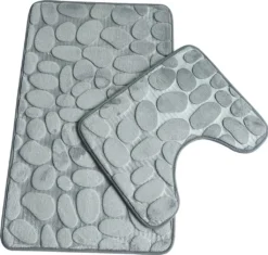 Rutschfestes 2-Badematten-Set, Superweiche Badematte Und Toilettenvorleger, Memory-Schaum, Kiesel-Duschmatte, Schnell Trocknende Badematte, U-förmige Konturmatte,Grau