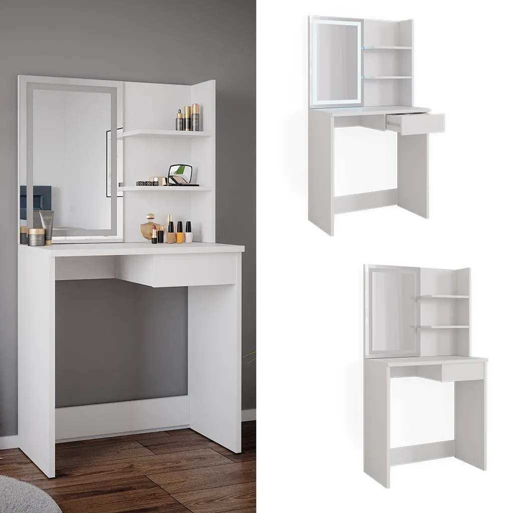 Vicco Schminktisch Dekos + LED Spiegel Weiß 75 X 141 X 40 Cm Holzwerkstoff 1 Vicco Schminktisch Dekos + LED Spiegel Weiß 75 X 141 X 40 Cm Holzwerkstoff