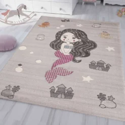 Kinderteppich Kinderzimmer Teppich Meerjungfrau Kurzflor Baby Grau Rosa , Maße:80x150 Cm