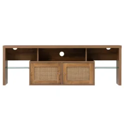 Merax TV-Lowboard Hochglanz TV Schrank Mit LED-Beleuchtung Inkl. Fernbedienung, Rattan TV-Schrank Mit Glasablage Und Rattan Einsatz, TV-Board Aus Holz, B/H/T:150/38/39cm, Holzfarbe -Vidaxlko Verkaufe 2bba18350a6973e55f44aad118b6808b