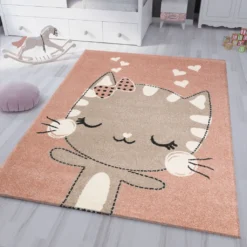 Kinderteppich Babyteppich Flauschig Weich Altrosa Beige Weiß Fröhliches Kätzchen Katze , Maße:120x170 Cm