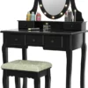 COSTWAY Schminktisch Set Mit LED Beleuchtung, Frisiertisch Mit Hocker Und Spiegel, Frisierkommode Weiß, Kosmetiktisch Mit 5 Schubladen, Schminkkommode Und Schminkhocker Aus Holz Schwarz