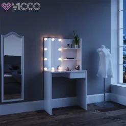 Vicco Schminktisch Dekos Kosmetiktisch Frisierkommode Frisiertisch Spiegel Weiß Inklusive LED-Lichterkette -Vidaxlko Verkaufe 304cdb381a5e99582094bbbbe6e933d7