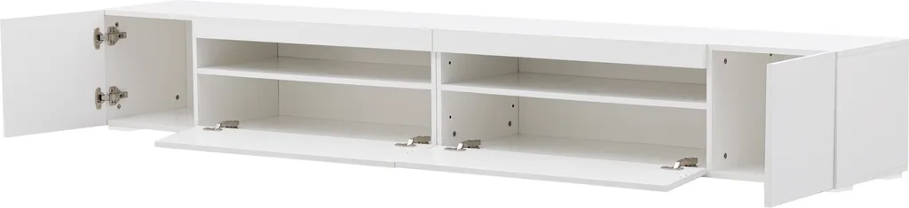 Merax Lowboard TV Schrank Weiß Hochglanz Fernsehtisch Mit 16 Farben LED Beleuchtung, TV-Kommode Mit 2 Türen, 1 Klappe Und 1 Offenes Fach, B/H/T:240/35/39cm 6 Merax Lowboard TV Schrank Weiß Hochglanz Fernsehtisch Mit 16 Farben LED Beleuchtung, TV-Kommode Mit 2 Türen, 1 Klappe Und 1 Offenes Fach, B/H/T:240/35/39cm – Bild 6