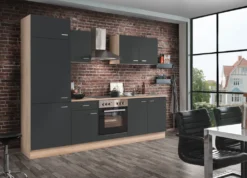 Küchenblock Biggi 270 Cm In Quarzgrau Ink. 200cm Kühlschrankumbau Mit Glaskeramik Kochfeld, Herd, Kühlschrank, Dunsthaube Und Spüle