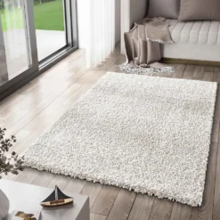 Prime Shaggy Hochflor Teppich Einfarbig Weiss Creme Weich Wohnzimmer, Maße:120x170 Cm