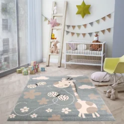 Kinderteppiche Giraffe Mit Schmetterling Und Blumen | Kinderteppich Für Mädchen Und Jungs | Teppich Für Kinderzimmer Blau | Kinderzimmerteppiche , Maße:120x170 Cm