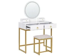Schminktisch Weiß Und Gold MDF-Platte Mit Metallbeinen Rundem LED-Spiegel 4 Schubladen Hocker Glamour Für Erwachsene Schlafzimmer Jugendzimmer -Vidaxlko Verkaufe 372435b0e107ac8e8da3be51b2b73b38
