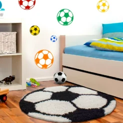 Wunderschöne Kinderteppich Rund , Höhe 30 Mm, Fußball Motiv, Größe:Ø 120 Cm Rund, Farbe:Schwarz