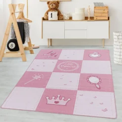 Kinderteppich,Krone,Zauberstab,Prinzessin,Kettelteppich,mädchen,Farbe:Pink, Farbe:PINK, Grösse:120 Cm X 170 Cm