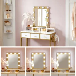 VASAGLE Schminktisch Mit 10 LED-Glühbirnen Und Hocker Einstellbare Helligkeit 90 X 40 X 145,5 Cm Frisiertisch Kosmetiktisch Mit Spiegel Modern Weiß-goldfarben RVT014A10 -Vidaxlko Verkaufe 38dbc7cd429d6175a84cef0abdb34225