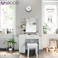 Vicco Schminktisch + Spiegelschrank + Hocker Fynnia Weiß 80,2 X 74 X 44,3 Cm Holzwerkstoff -Vidaxlko Verkaufe 390a28090d1df328495bd9ad009bdf1d