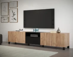 TV-Lowboard "Kendo" In Eiche Tabak Und Schwarz Matt Flat-TV Unterschrank Groß, 227 X 47 Cm -Vidaxlko Verkaufe 3a4e6116bd0a7385fec32e657826a0c3