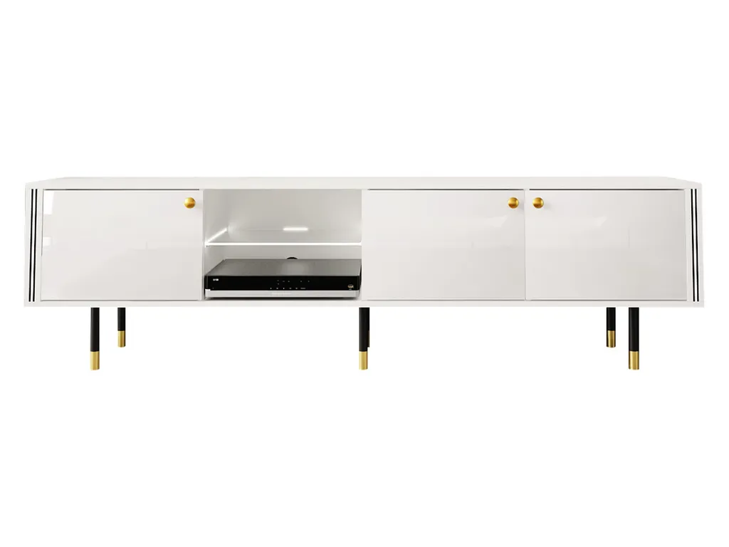 Mirjan24 TV-Lowboard Crystal RTV 180 03 Mit LED-Beleuchtung, TV-Tisch Mit 3 Türen, Metallfüße, Runde Gold Griffe (Farbe: Weiß / Weiß Hochglanz) 2 Mirjan24 TV-Lowboard Crystal RTV 180 03 Mit LED-Beleuchtung, TV-Tisch Mit 3 Türen, Metallfüße, Runde Gold Griffe (Farbe: Weiß / Weiß Hochglanz) – Bild 2