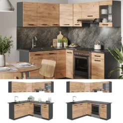 Vicco Eckküchenzeile + Arbeitsplatten R-Line Anthrazit Goldkraft 187 X 167 Cm Holzwerkstoff