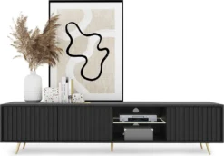 Selsey TV-Lowboard Bello Schwarz Mit Weißer LED-Beleuchtung Lamellenfront Goldene Füße 175 Cm Breit -Vidaxlko Verkaufe 3e51137aeb15f75ff51d419659a3ab95