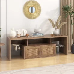 Merax TV-Lowboard Hochglanz TV Schrank Mit LED-Beleuchtung Inkl. Fernbedienung, Rattan TV-Schrank Mit Glasablage Und Rattan Einsatz, TV-Board Aus Holz, B/H/T:150/38/39cm, Holzfarbe -Vidaxlko Verkaufe 3ed755d0f6402b9400007a0d13242fc5