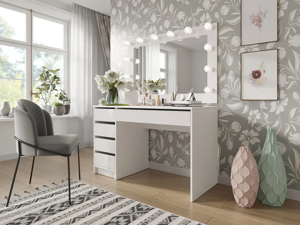 Mirjan24 Schreibtisch / Schminktisch Ada, Elegante Kosmetiktisch, Frisiertisch, Modern Schlafzimmer (Korpus: Weiß, Fronten: Weiß Hochglanz) 5 Mirjan24 Schreibtisch / Schminktisch Ada, Elegante Kosmetiktisch, Frisiertisch, Modern Schlafzimmer (Korpus: Weiß, Fronten: Weiß Hochglanz) – Bild 5